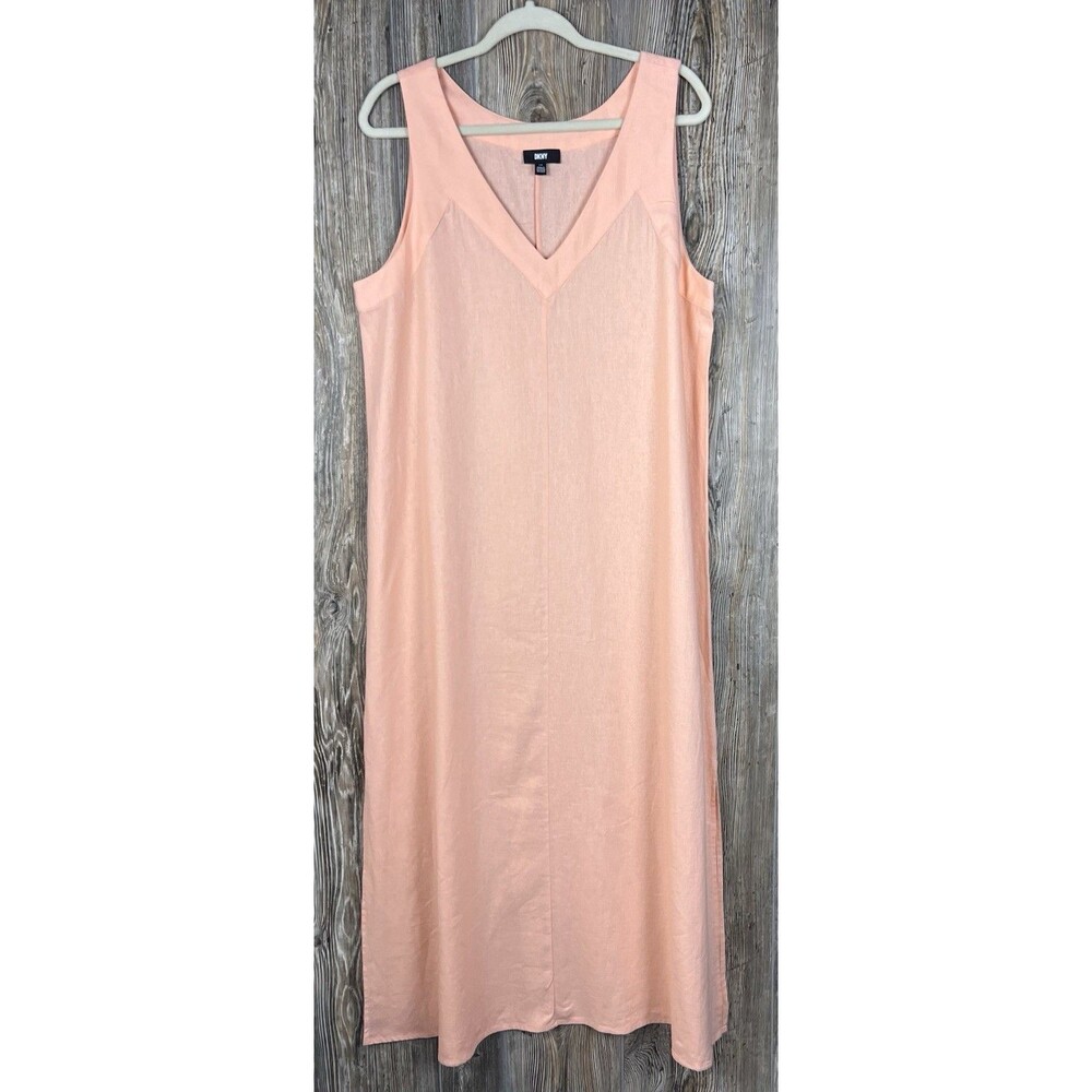 DKNY Peach A-Line Shift Dress L Linen Blend Side Slits Pullover Minimalist Beach